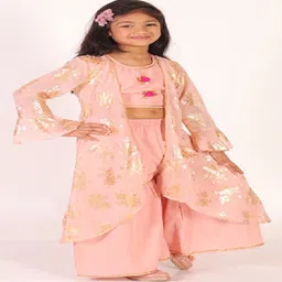 M'andy Full Bell Sleeves Floral Foil Printed Shrug With Gota Flower Embellished Top & Palazzo Set - Peach image 5
