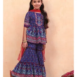 BIBA Half Sleeves Floral Printed Gota Lace Embellished Kurta With Coordinating Flared Sharara & Dupatta Set - Blue image 5