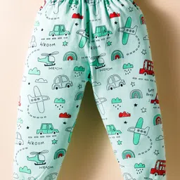 Mini Donuts Sinker Knit Full Sleeves Co-ord Night Suit with Vehicle Print - Sea Green image 4