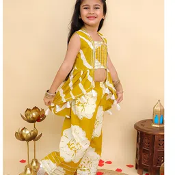 AJ Dezines Cotton Woven Sleeveless Floral Printed Gota Lace Embellished Top With Attached Shrug & Coordinating Pant Set - Mustard image 5