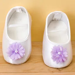 Bluebell Satin Woven Sleeveless Party Frock With Floral Applique & Booties - White image 4