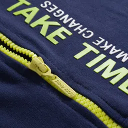 Pine Kids Cotton Knit Full Sleeves Hooded Sweatjacket With Text Print & Kangaroo Pockets - Navy Blue image 4