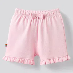 Bonfino Cotton Knit Half Sleeves T-Shirt & Shorts Set With Rainbow Embellishment & Frill - Ivory & Pink image 5