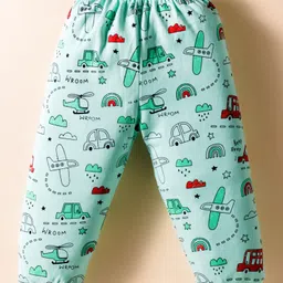 Mini Donuts Sinker Knit Full Sleeves Co-ord Night Suit with Vehicle Print - Sea Green image 5