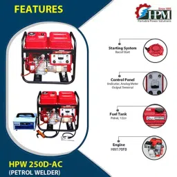 HPM 1.2 kVA Recoil Start Petrol Engine Three Phase 2 in 1 Portable DC Welding Generators, HPW-250D-AC image 2