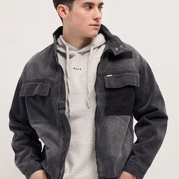 THE BEAR HOUSE Men Stand Collar Solid Cotton Casual Denim Jacket-picture-30