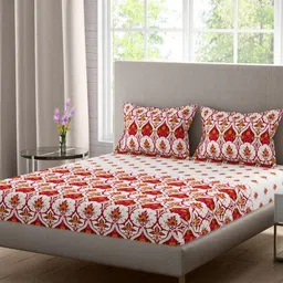 Portico Noir Harmony White Ethnic Motifs Cotton 144 TC Queen Bedsheet Set-2.24mX2.54m-picture-12