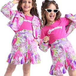 Ollington St. Sinker Knit Full Sleeves Jacket & Skirt Set With Inner Top Floral Print - Dark Pink-picture-21