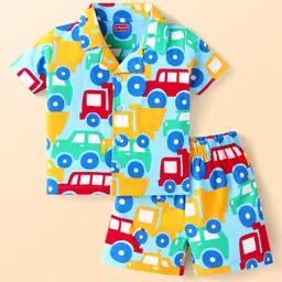 Babyhug Cotton Knit Half Sleeves Shorts Night Suit With Car Print - Light Blue-picture-31
