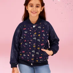 Cutecumber Velour Full Raglan Sleeves Bow Printed & Shimmered Varsity Jacket - Navy Blue-image-92