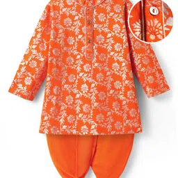 EARTHY TOUCH Single Jersey Knit Full Sleeves Kurta Dhoti Set With Foil Floral Print - Orange-picture-24