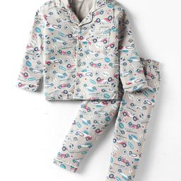 CUCUMBER Sinker Knit Full Sleeves Co-Ord Night Suit With Car Print - Light Grey-picture-16