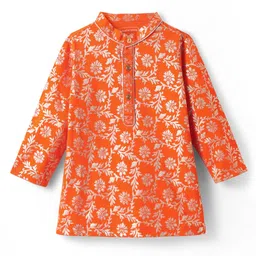 EARTHY TOUCH Single Jersey Knit Full Sleeves Kurta Dhoti Set With Foil Floral Print - Orange image 2