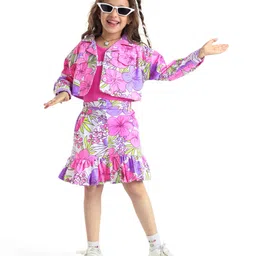 Ollington St. Sinker Knit Full Sleeves Jacket & Skirt Set With Inner Top Floral Print - Dark Pink image 3