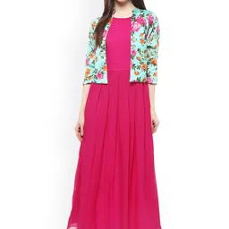 Athena Women Pink Solid Maxi Dress with Attached Jacket-picture-17