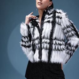 bebe Soft Romance Self-Checked Spread Collar Faux Fur Overcoat-picture-0