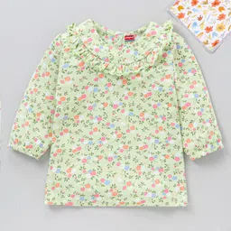 Babyhug Three Fourth Peasant Sleeves With Frill Detailing Floral Print Top - Green-picture-26
