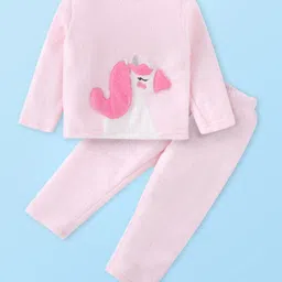 Babyhug Velour Knit Full Sleeves Winter Wear Night Suit with Unicorn Applique - Pink-image-5
