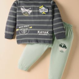 CUCUMBER Sinker Knit Full Sleeves Striped T-Shirt & Joggers Set With Kayak Theme Text Print - Charcoal Grey-image-82