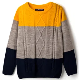 Pine Kids Knit Full Sleeves Pullover Sweater with Color Block & Cable Knit Design - Yellow Grey & Black-picture-31