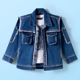 Dapper Dudes Full Sleeves Distressed Denim Jacket With Typography Printed Tee Set - Blue-picture-8
