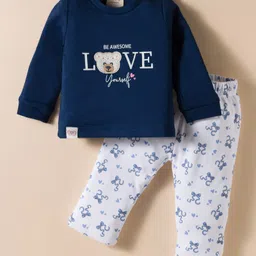 Ollypop Interlock Knit Full Sleeves T-Shirt and Lounge Pant Set With Teddy Patch & Love Text Print - Navy Blue-picture-15