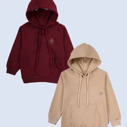 Kiddopanti Fleece Knit Pack Of 2 Full Sleeves Brand Logo Printed Light Winter Hooded Sweatshirts - Maroon & Beige-picture-19