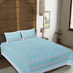 FrionKandy Living Turquoise Blue & Blue Floral 180 TC King Bedsheet with 2 Pillow Covers-image-12