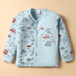 Mini Donuts Sinker Knit Full Sleeves Co-ord Night Suit with Vehicle Print - Light Blue image 2