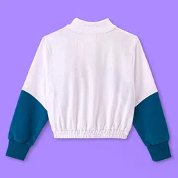 Ollington St. Cotton Looper Knit Full Sleeves Color Blocked Jacket & Joggers Set - Teal Blue & White image 3