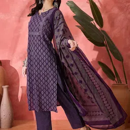 Sangria Floral Printed Pure Cotton Straight Kurta With Trousers & Dupatta image 3