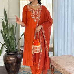 Pantos Women Floral Embroidered Kurta with Trousers & Dupatta-image-40