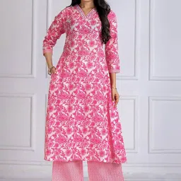 NIKATT Floral Printed V-Neck Mirror Work Cotton A-Line Kurta With Trousers-image-2