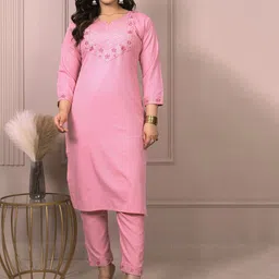 AUZAAI COLLECTION Floral Yoke Design Thread Work Pure Cotton Straight Kurta-picture-21