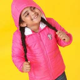 Babyhug Full Sleeves Hooded Padded Winter Jacket Basketball Patch - Pink-image-87