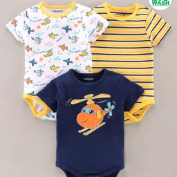 Babyoye Bio-Wash Half Sleeves Bodysuits  Pack Of 3 - Blue Yellow-image-1
