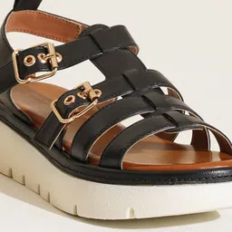 Peach Flores Embellished Leather Wedge Gladiators with Buckles image 2