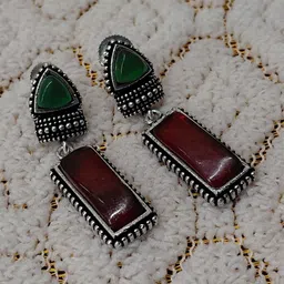 Rugved Enterprise Silver-Plated Artificial Stones Studded Oxidised Geometric Drop Earrings-image-8