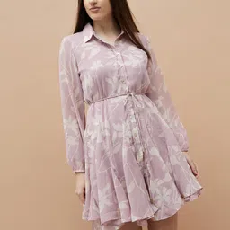 CODE by Lifestyle Floral Print Shirt Collar Puff Sleeves Belted Shirt Mini Dress-picture-16