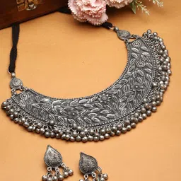 Moedbuille Silver-Plated Oxidised Ghungroo-Studded Floral Jewellery Set-picture-24
