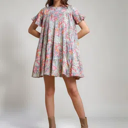 DressBerry Women Floral Printed Flutter Sleeve Fit & Flare Dress-picture-12