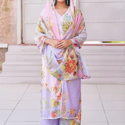 AARAAS Floral Printed V-Neck Long Sleeves Pure Cotton Kurta With Palazzos And Dupatta image 5