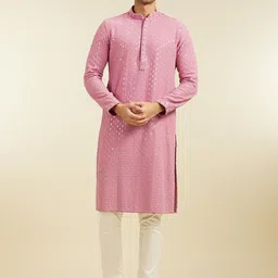 Diwas by Manyavar Geometric Woven Design Mandarin Collar Straight Kurta & Trousers-picture-37