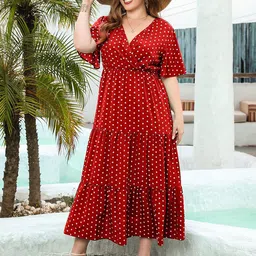 DressBerry Curve Polka Dot Print Flared Sleeve Fit & Flare Midi Dress-picture-23