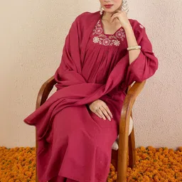 Indo Era Women Ethnic Motifs Embroidered Panelled Thread Work Pure Cotton Kurta with Trousers & With Dupatta image 3