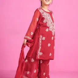 KHAKA Girls Ethnic Motifs Embroidered Regular Mirror Work Kurta with Sharara & Dupatta image 3