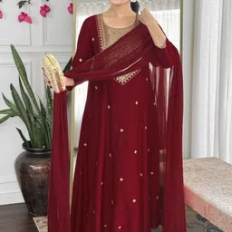 DIVASTRI Ethnic Motifs Embroidered A Line Kurta With Palazzos & Dupatta image 3