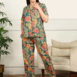 ETC Women Floral Printed Shirt Collar Night Suit-S-image-91