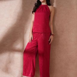 Globus Maroon Self Design Halter Neck Top With Trousers-picture-34
