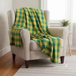 Tharunsha Elite Yellow & Green Set of 2 Checked AC Room 300 GSM Blanket image 5